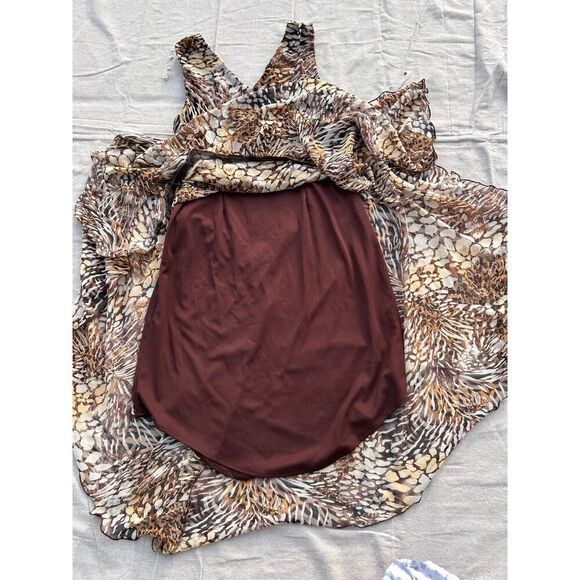 Boho Abstract Animal Print Dress Sz 12 Asymmetrical Handkerchief Hem V-Neck - Picture 8 of 12